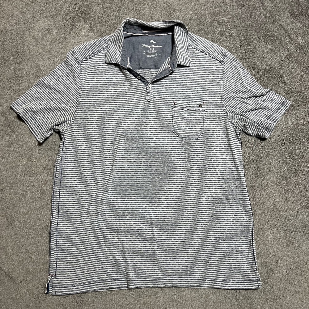 Tommy Bahama Polo Shirt Men's Blue Gray Striped Knit Casual Performance Size L